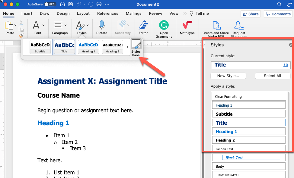 Microsoft Word Document Styles Structure (Screenshot)