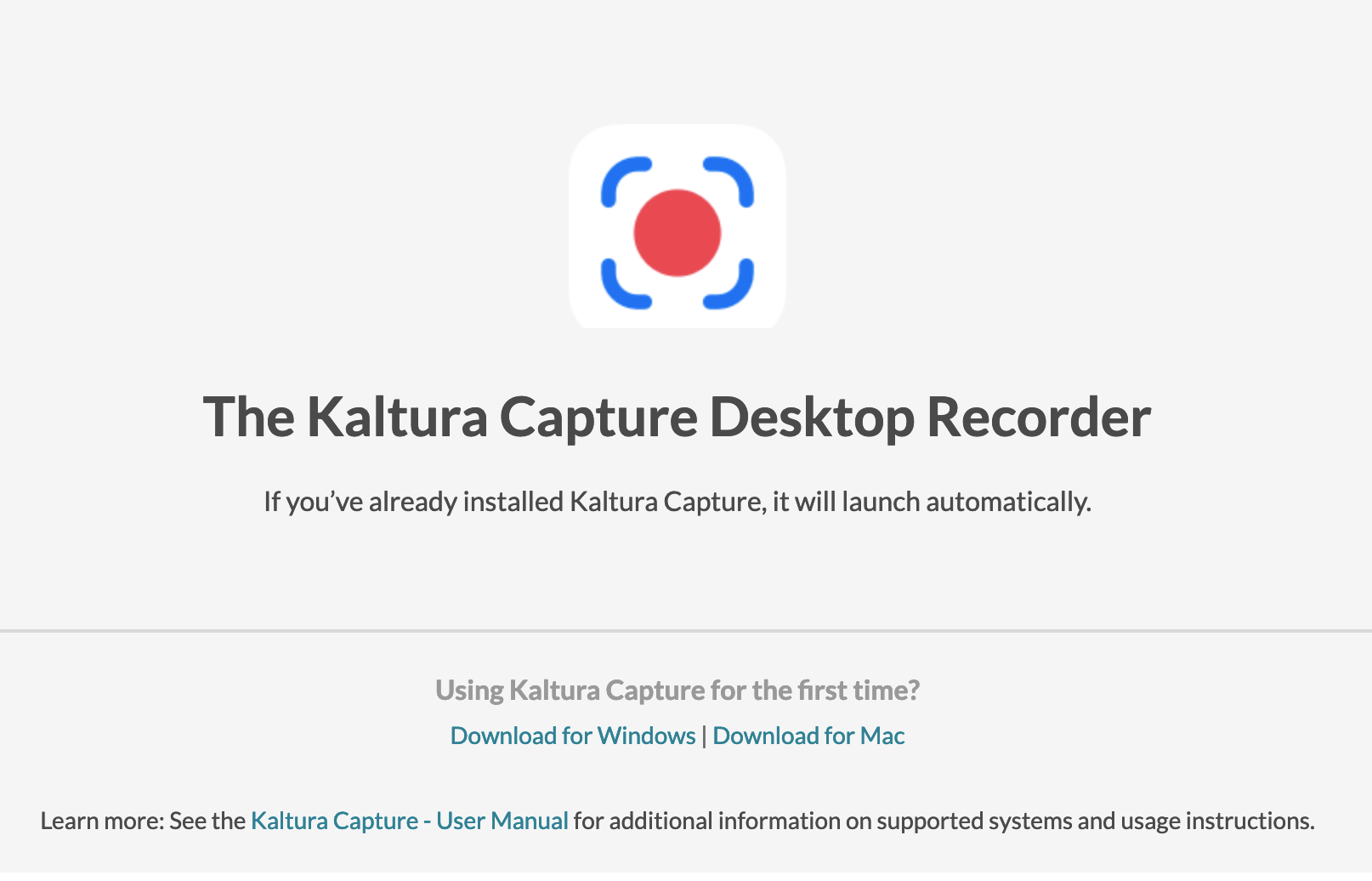 Kaltura Capture Desktop Recorder download screen