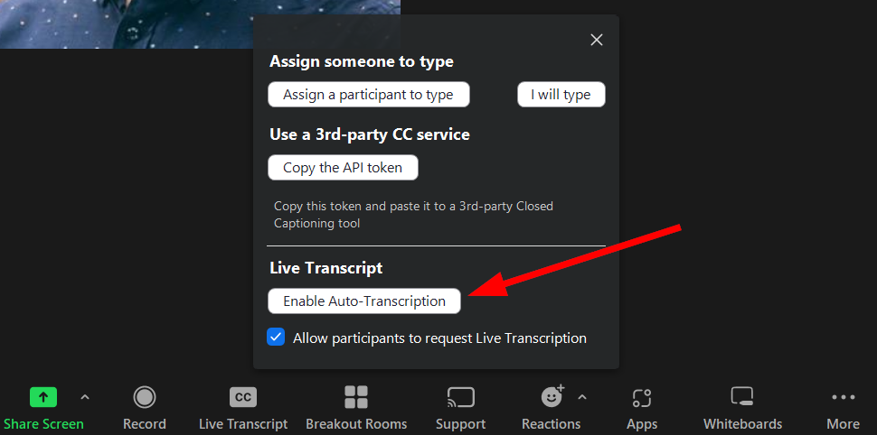 zoom controlbar showing live transcription option